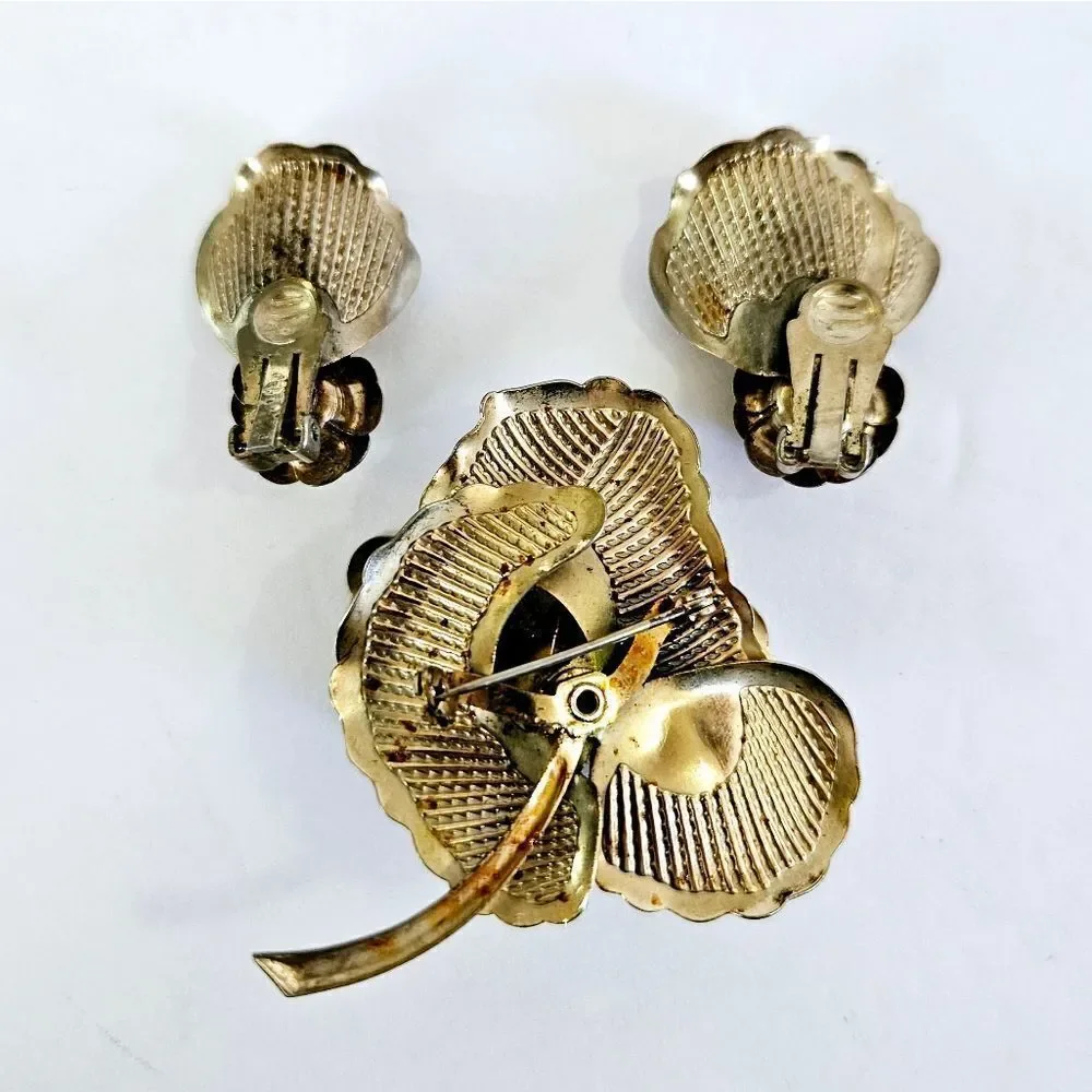 Vintage Demi Parure Gold Tone Textured Faux Pearl Rose Brooch Pin Earring Set